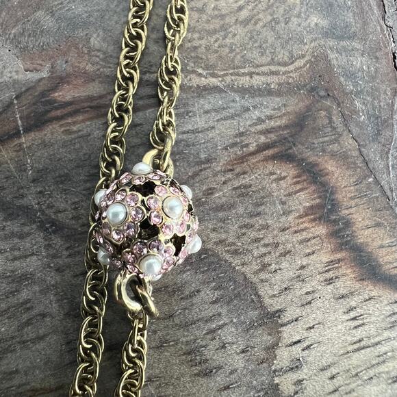 Betsey Johnson Signed Pink and Blue Gem Floral Heart Necklace on Bronze Chain - Picture 5 of 7